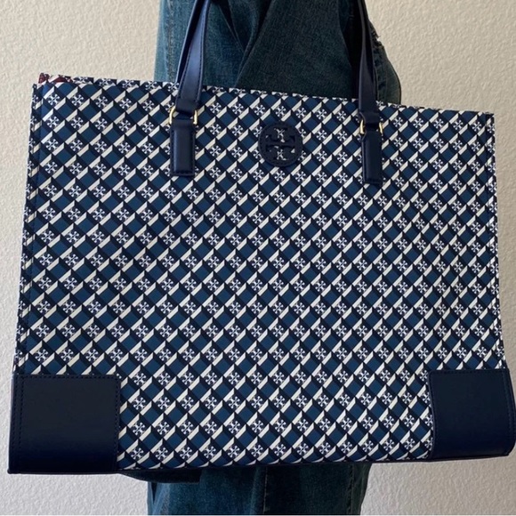 Tory Burch Ella Nylon Mixed Print Tote Navy Crimson Red Geo Logo - Picture 7 of 8